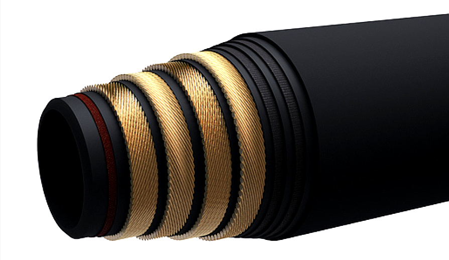 DEENPU API 7K cementing hose cross-section showing five-layer composite construction: stainless steel armor inner tube, carbon fiber reinforced sub-layer, middle layer, steel wire reinforcement, and carbon fiber outer protective sub-layer