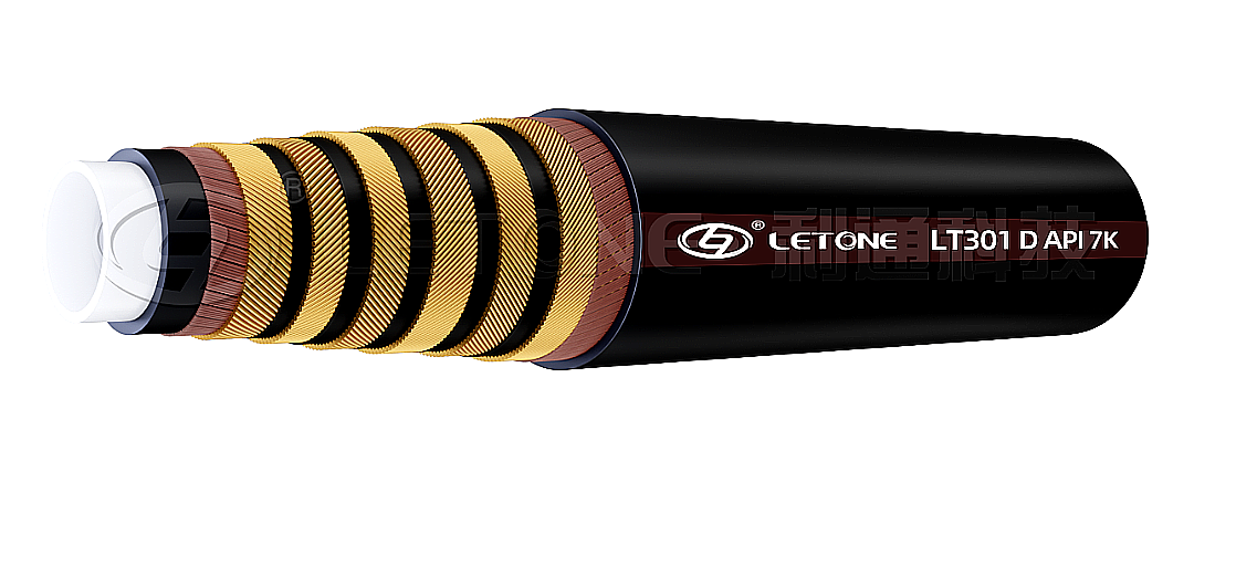 DEENPU API 7K drilling hose cross-section diagram showing multi-layer construction: inner rubber tube, multi-layer steel wire reinforcement, and outer rubber cover