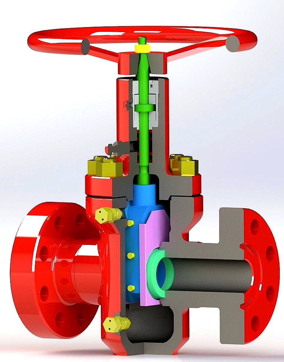 DEENPU Model M API 6A expanding gate valve cross-section showing gate body, segment, V-structure contact surface, stem, seats, and bonnet assembly for wellhead and manifold applications