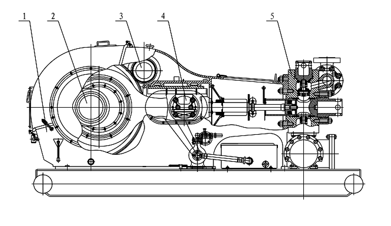 DEENPU triplex mud pump side view technical drawing showing power end crankshaft assembly, crosshead, connecting rod, and fluid end piston and liner arrangement