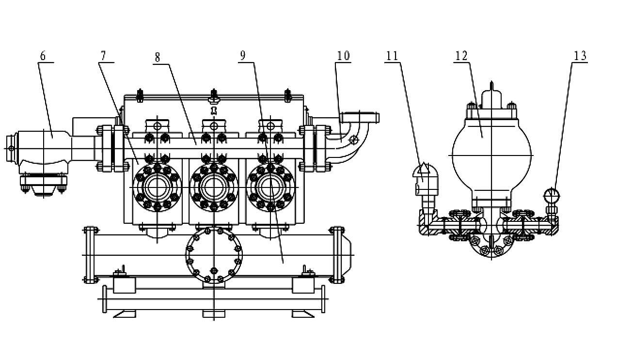 DEENPU triplex mud pump front view and pulsation dampener technical drawing showing three-cylinder fluid end, suction manifold, discharge manifold, and air bladder pulsation dampener system